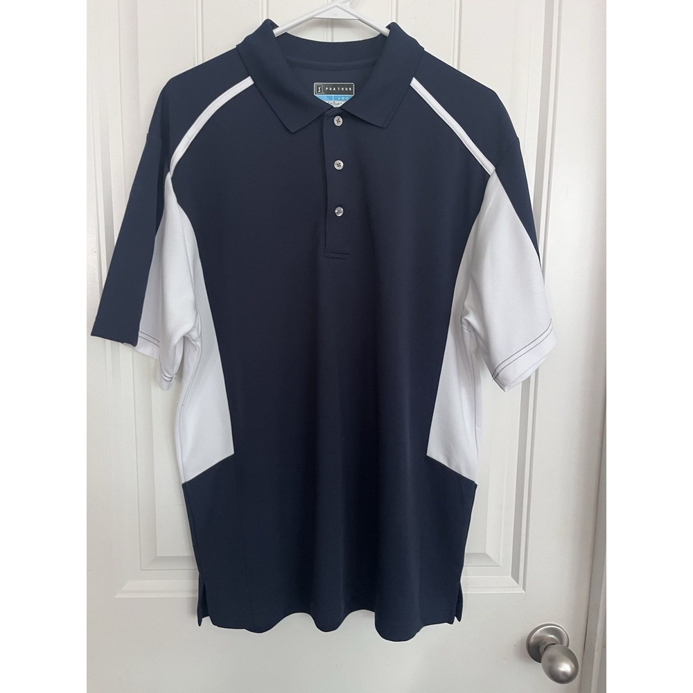 PGA Tour Polo Shirt Men's Large Navy‎ White Short Sleeve Airflux Golf Shirt 562